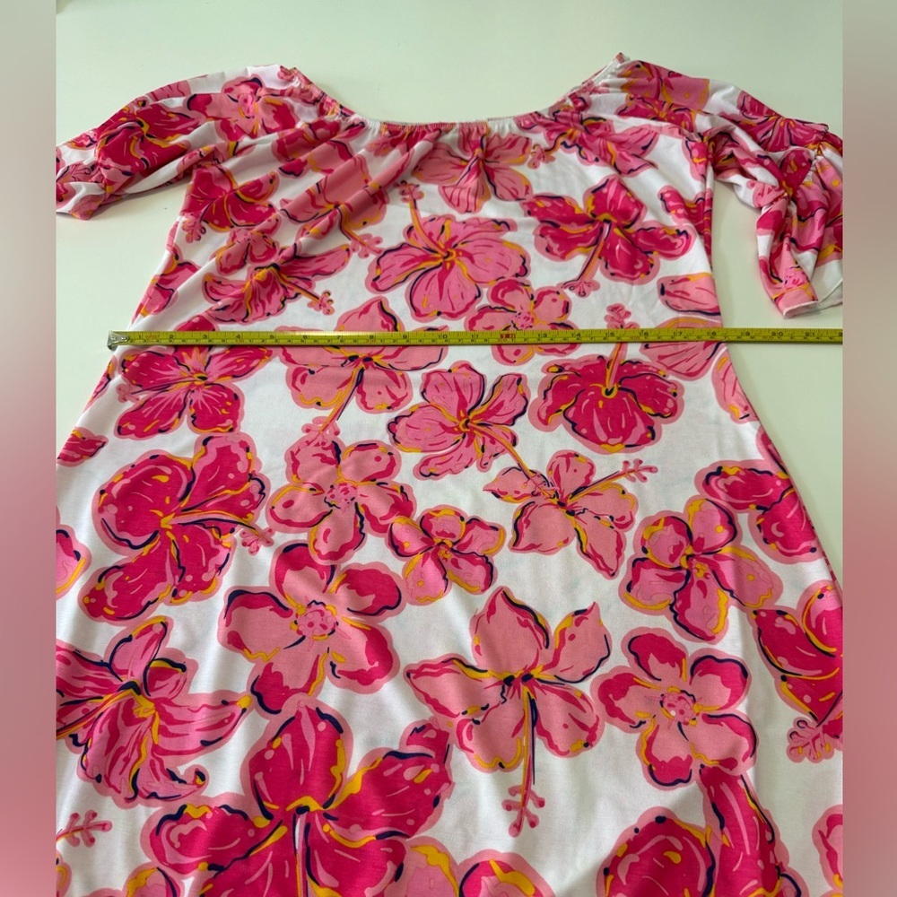 Simply Southern Pink off the shoulder Dress with Vibrant Hibiscus Floral Pattern - Picture 7 of 10